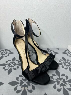Jessica Simpson Black Satin Ruffle Ankle-Strap Sandals
